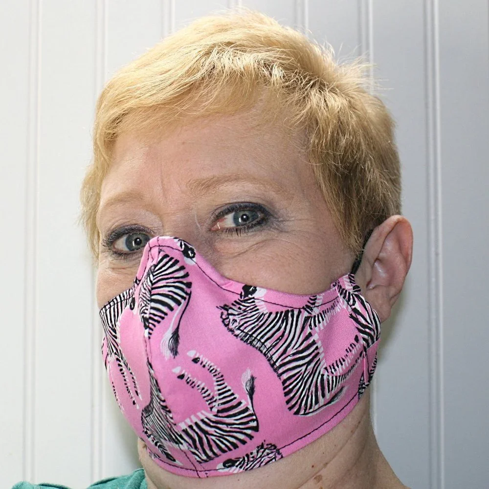 HAND CRAFTED Face Mask Pink Zebra Adult Cloth Fabric Print - Shield Style